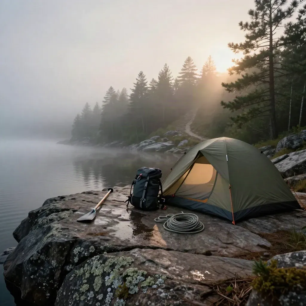 Foggy dawn lakeshore camp with tents, daypacks, rope, paddles and a pine ridge trail