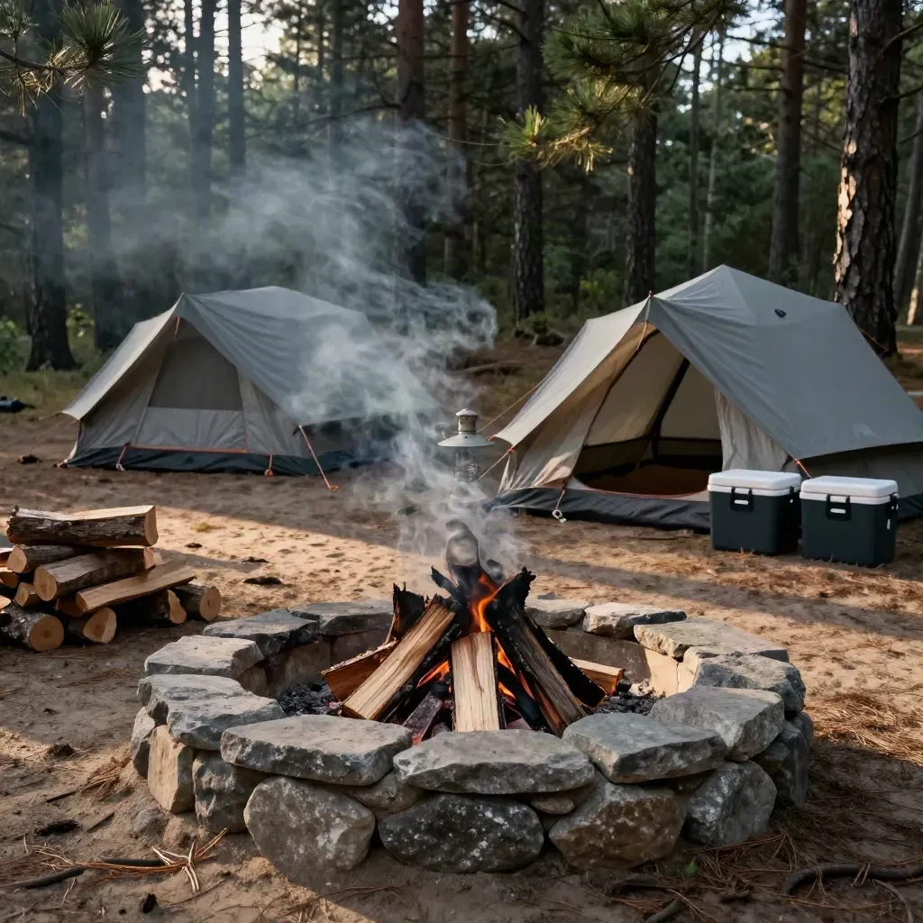 Canvas tents and camp gear beside a fire ring in a pine campground at dusk