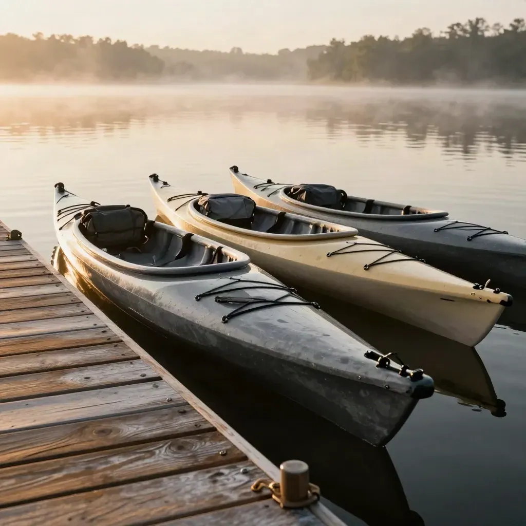 Three kayaks lined at a misty dock at sunrise, paddles and dry bags ready for launch.