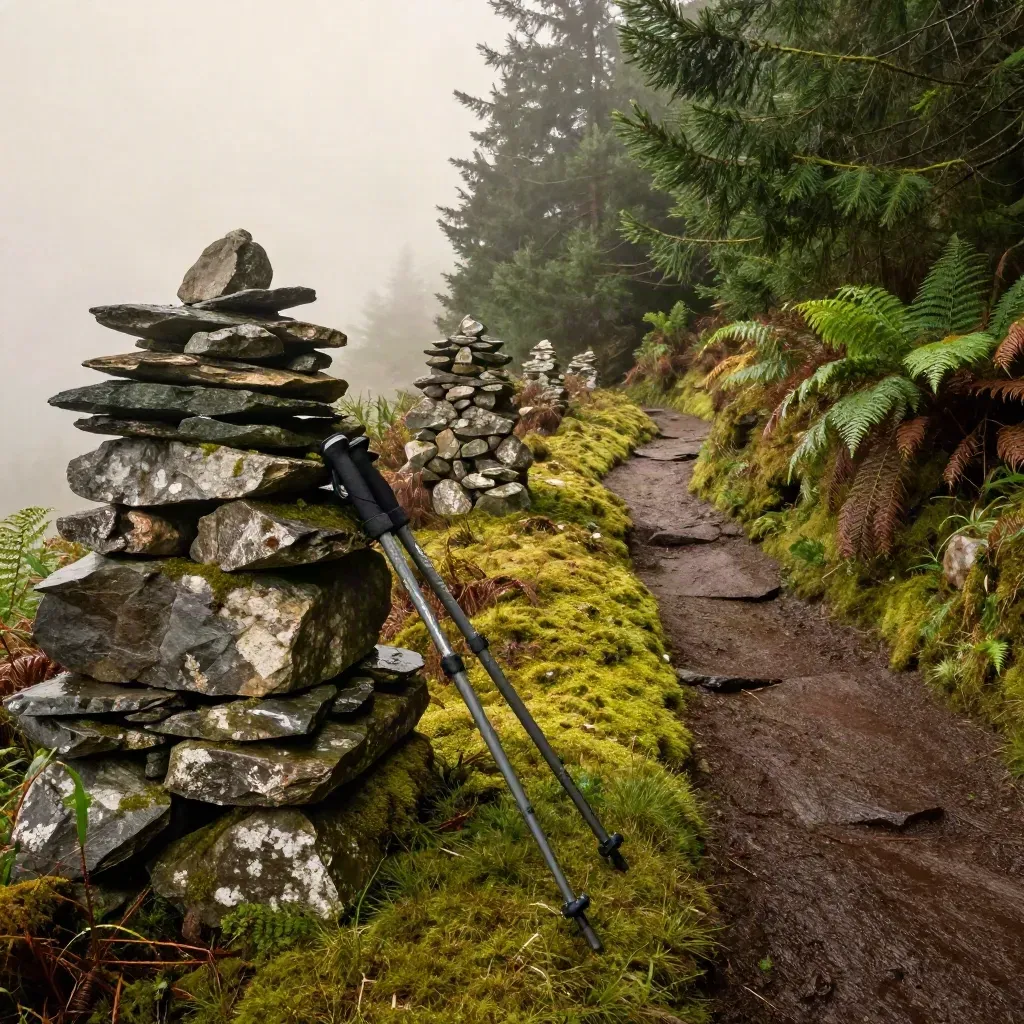 Mossy ridge trail with cairns, trekking poles, rain mist, and fir trees