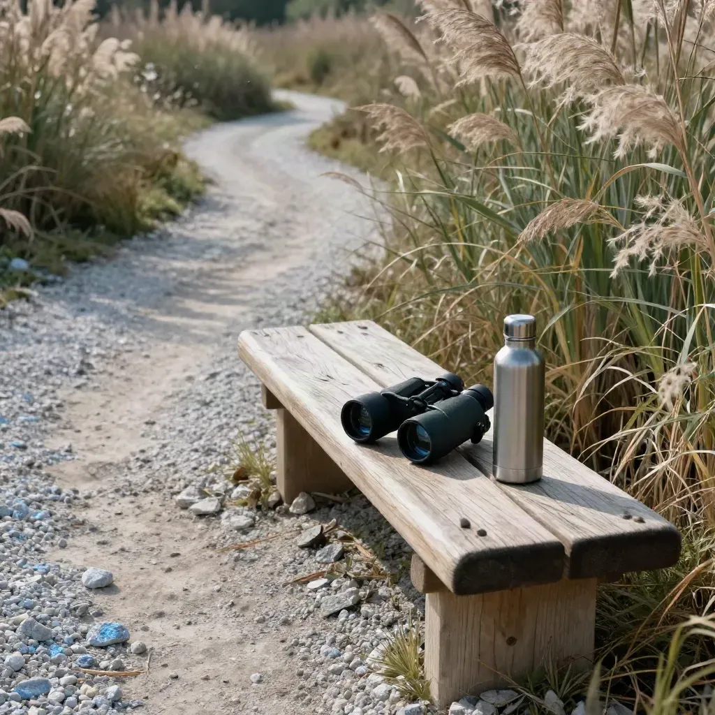 Gravel nature path beside reeds, bench with binoculars and water bottle, curving into a preserve.