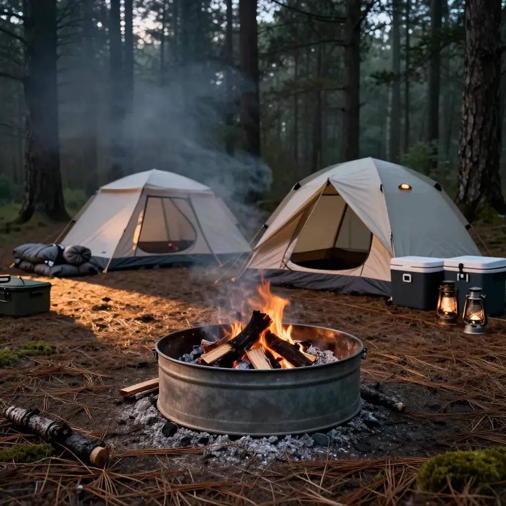 Empty Poconos basecamp with tents, fire ring, lanterns, coolers, and sleeping bags