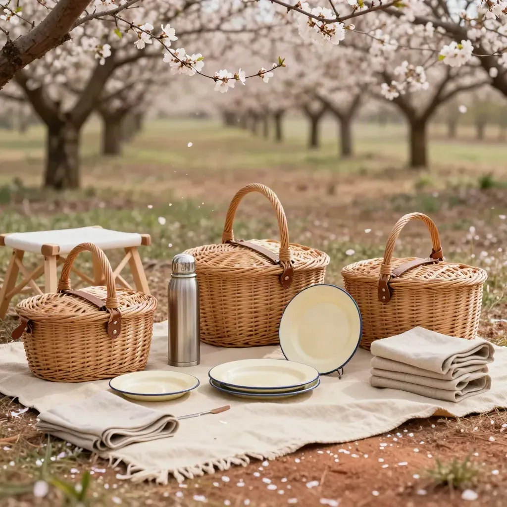 Spring picnic setup with baskets, enamel plates, thermos and camp stools under blossoming branches.