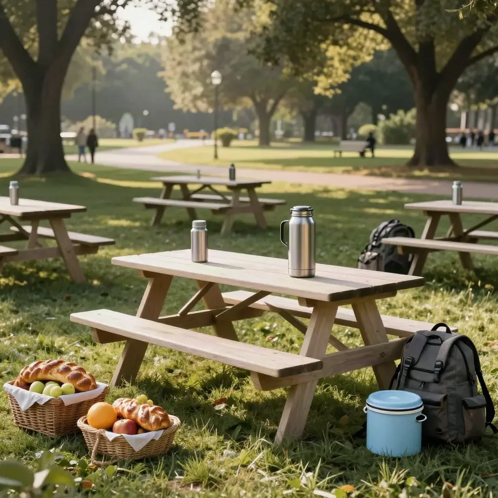 Ready picnic setup on a shaded park lawn with urns, challah, fruit crates, and stacked daypacks.