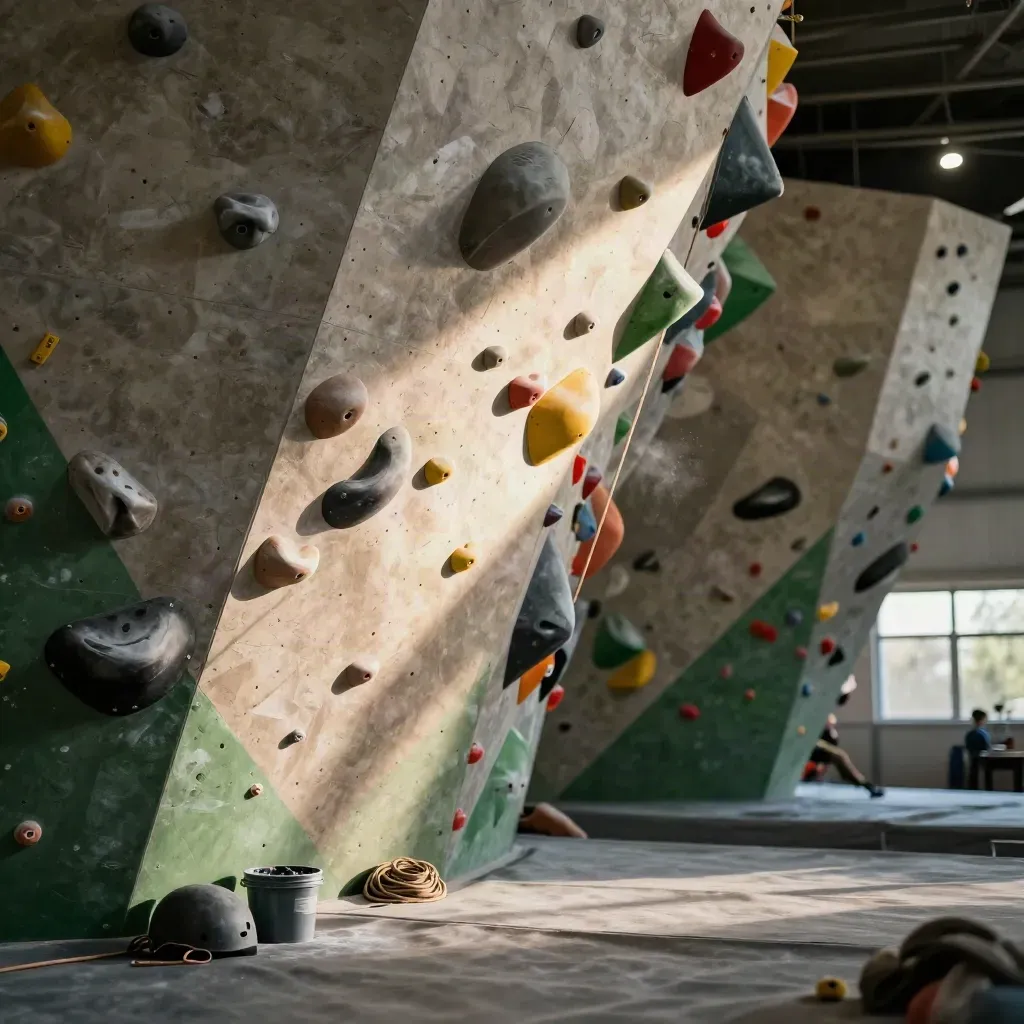 Climbing wall with chalk, ropes, helmets and crash pads lit before an indoor session.