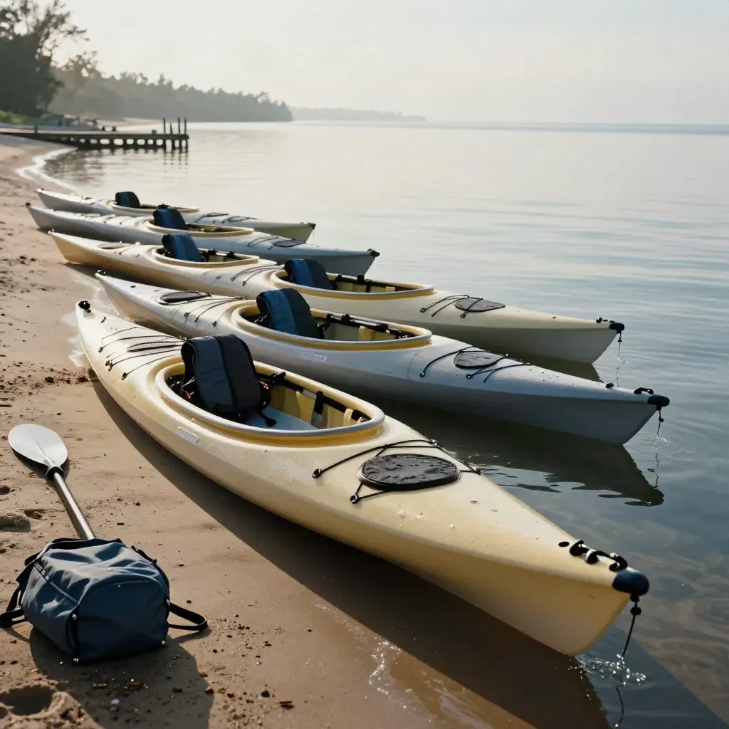 Kayaks and paddles lined up beside calm water at a prepared shoreline launch.