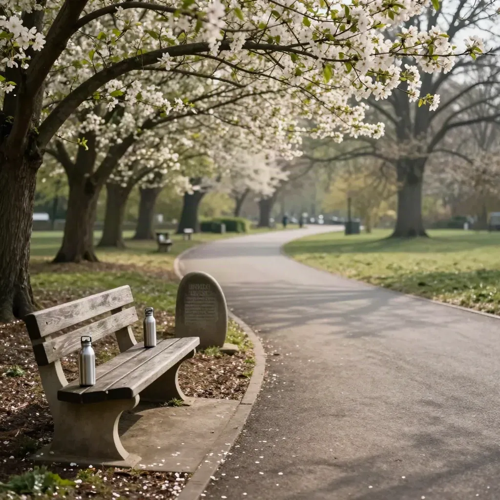 Blooming park loop with benches, water bottles, and stone marker along a spring path.