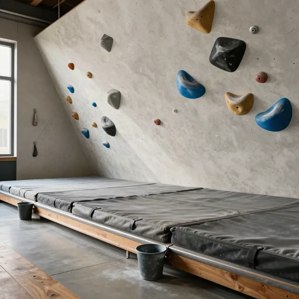 Empty indoor climbing wall with auto-belay anchors, chalk buckets and crash pads in warm gym light.