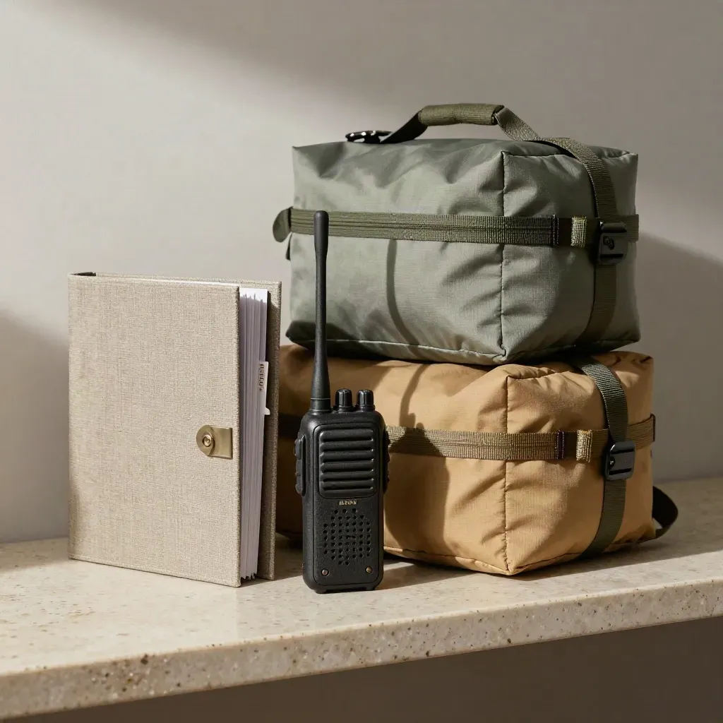 Binder, radio, route tags, and dry bags stacked on a travertine planning shelf
