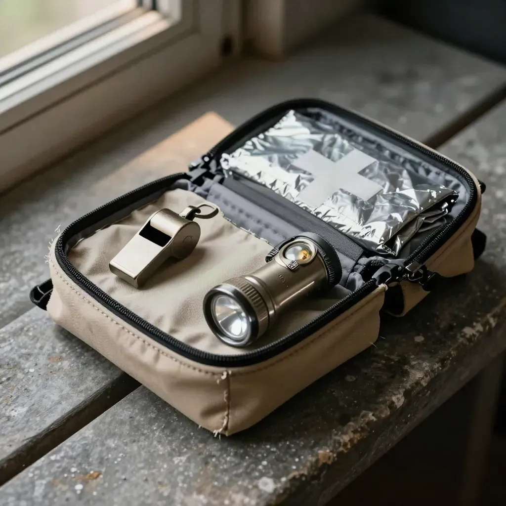 Open rescue pouch with first-aid kit, whistle, headlamp, flashlight, and emergency blanket on stone.