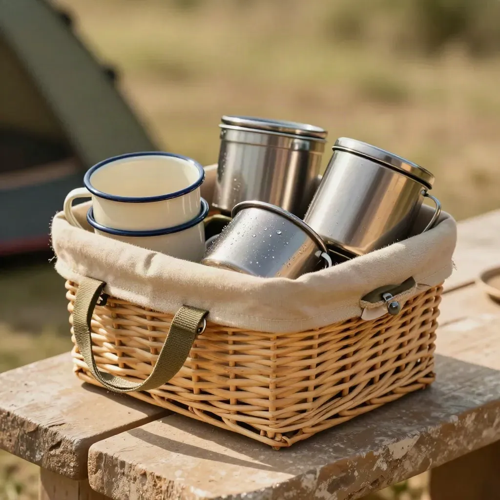 Woven basket with enamel mugs and camp meal containers on a sandstone bench