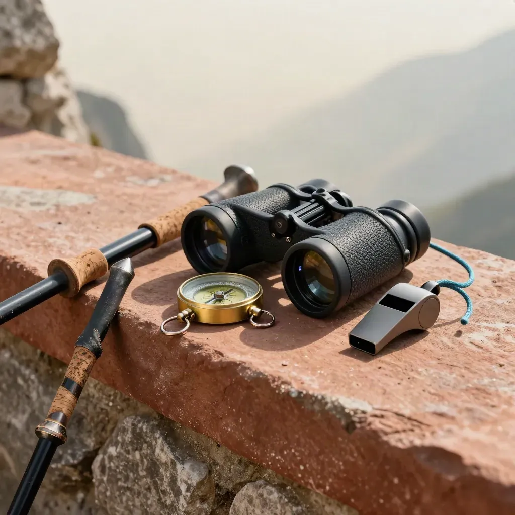 Trekking poles, compass, binoculars and whistle on a stone ledge in alpine light.