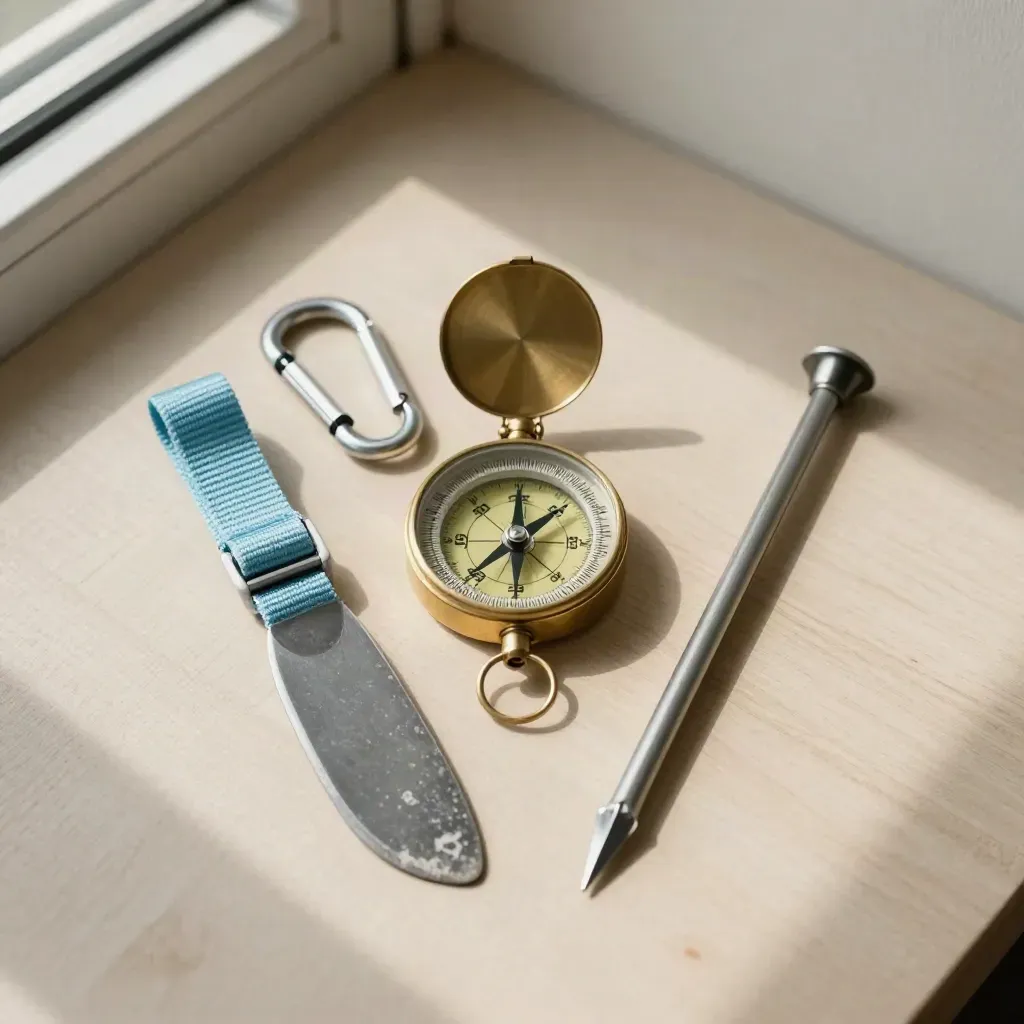 Overhead still life of compass, carabiner, paddle tip and tent stake on pale wood