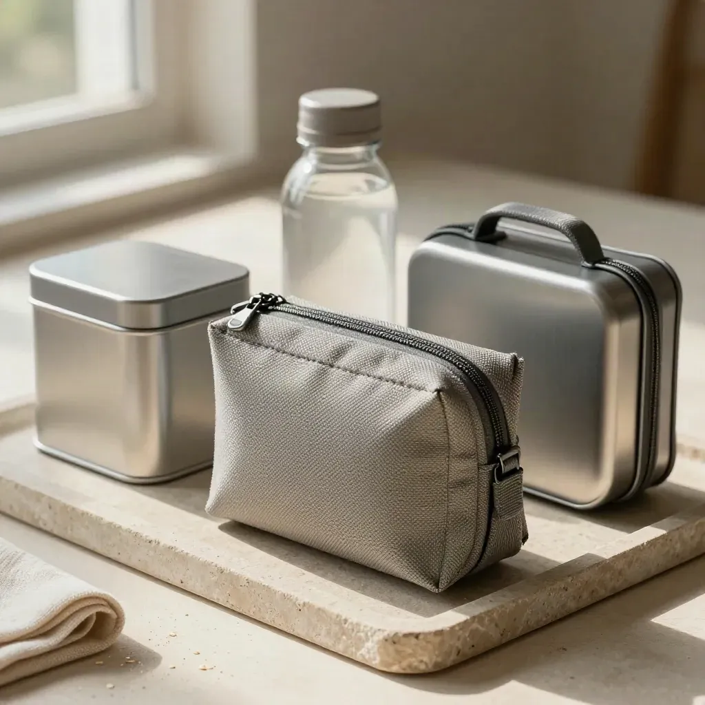 Neat travel kit with pouches, lunch tin, water bottle, and first-aid case on a stone tray