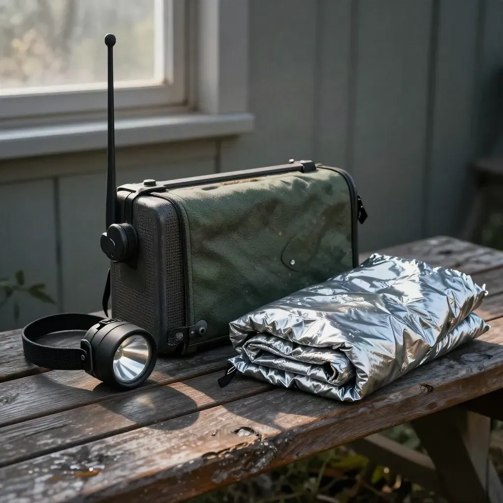 Binder, radio, headlamp and emergency blanket arranged on a weathered bench in cool morning light.