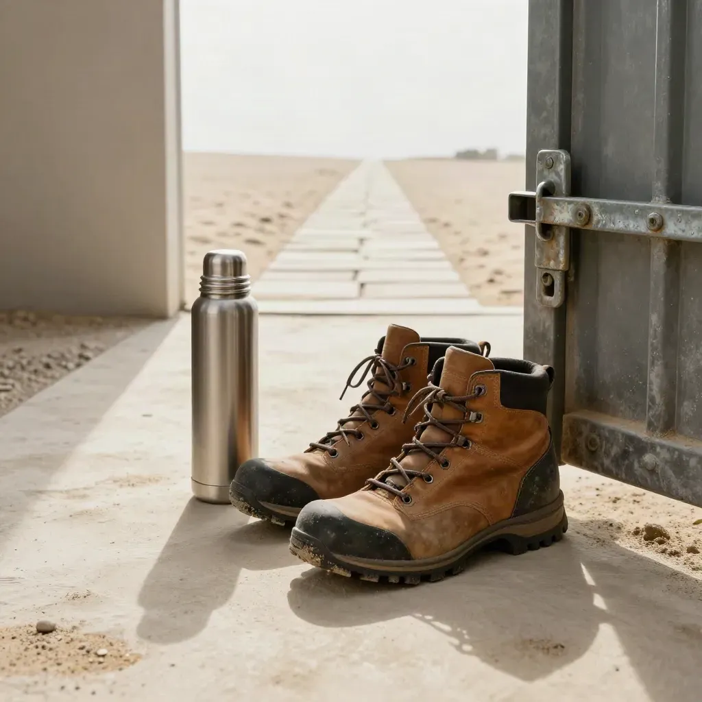 Mud-brushed boots, thermos, and trail gate on pale stone under soft side light.