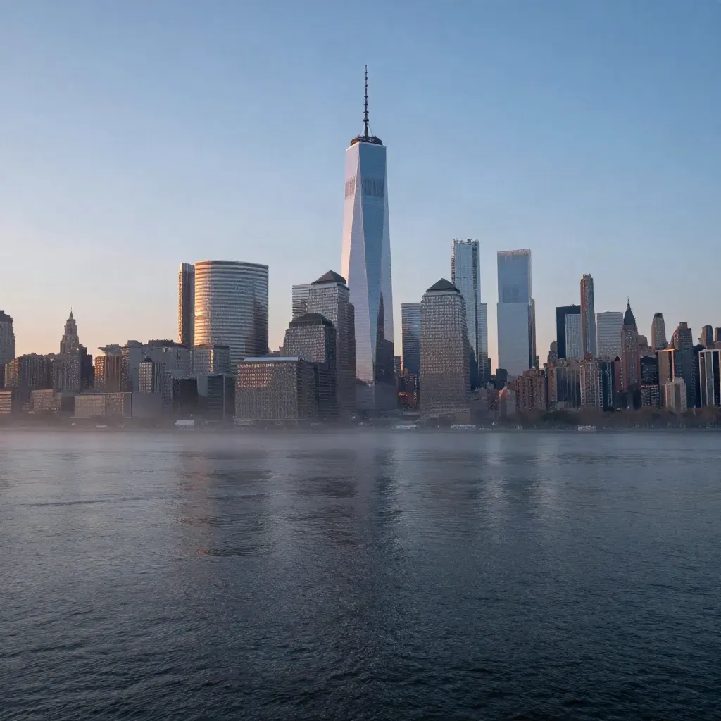 Manhattan skyline rising through blue dawn haze above a calm river