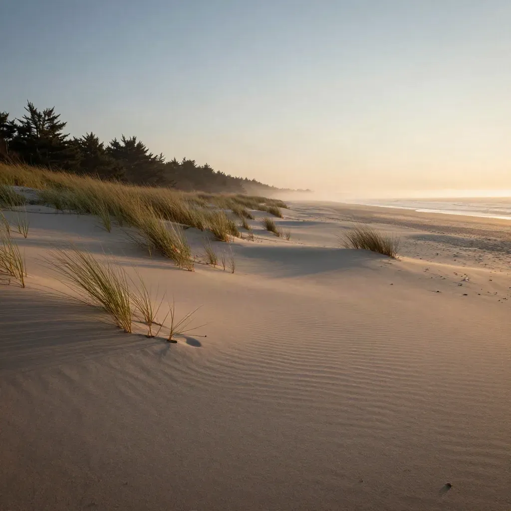 Sunrise dunes with cedar line and misty Atlantic horizon on Long Island.