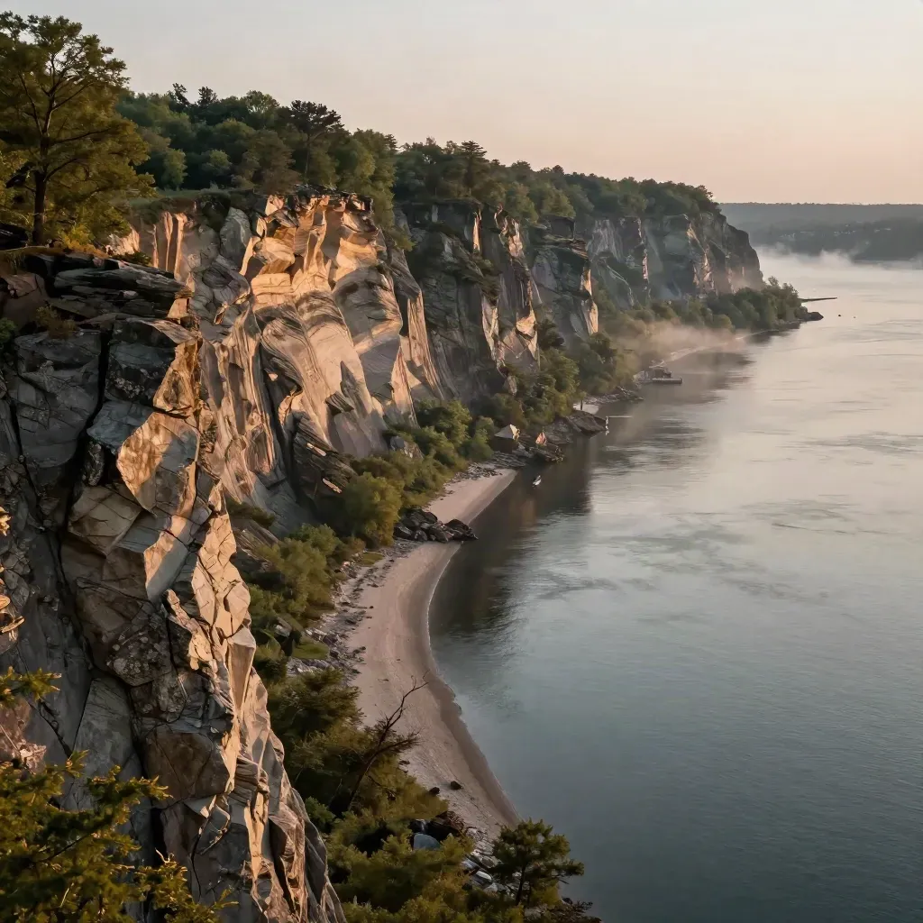 Palisades cliffs above the Hudson with hazy Jersey shoreline and calm water below.