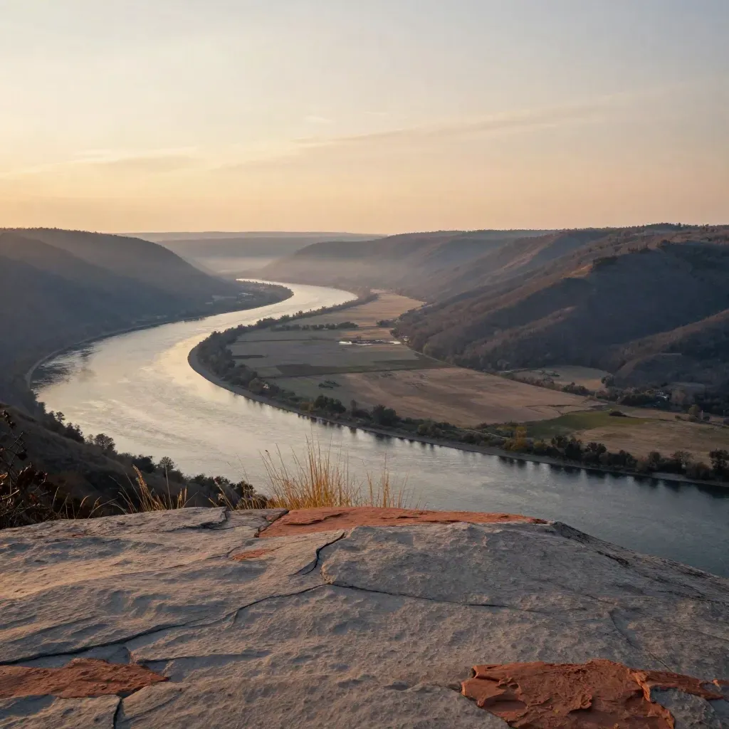 Hudson Valley river bend at dusk with layered hills and open meadow