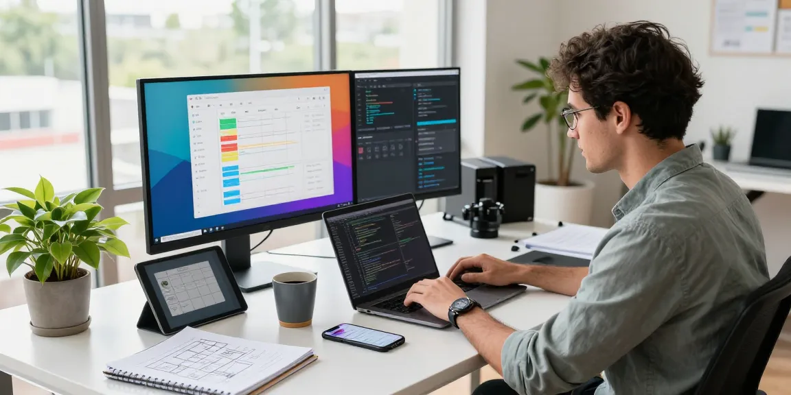 Software developer using the rti scheduler in a bright, modern workspace with tech gadgets.
