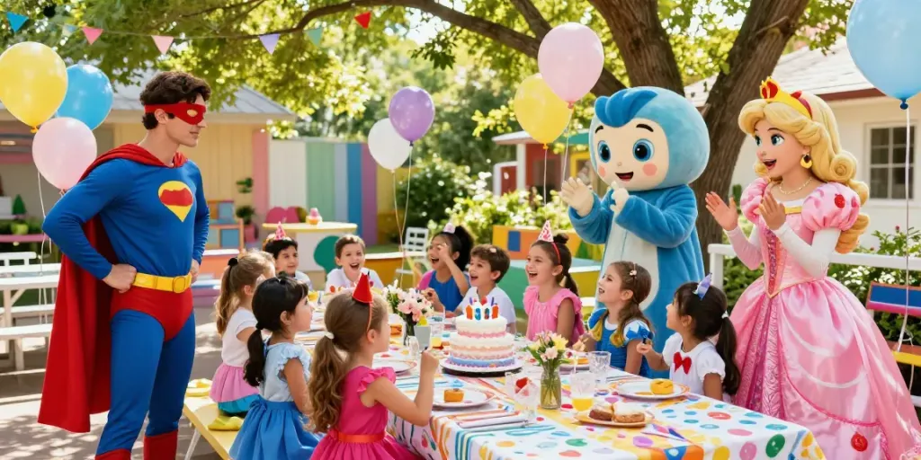 Exciting children’s birthday party with diverse party characters for hire creating joyful memories