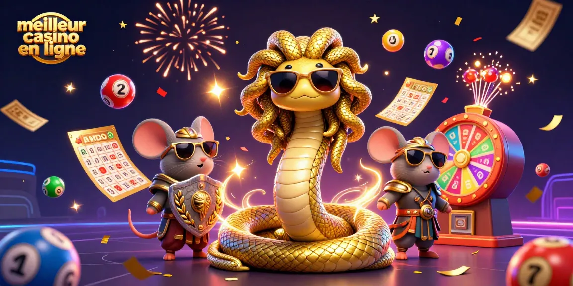 Plongez dans le monde vibrant du meilleur casino en ligne, mettant en vedette Méduse et une souris guerrière parmi des éléments de jeu colorés.