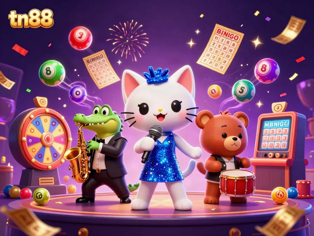 Experience vibrant gaming thrills with tn88 in a lively casino scene featuring a jazz-singer cat and friends.