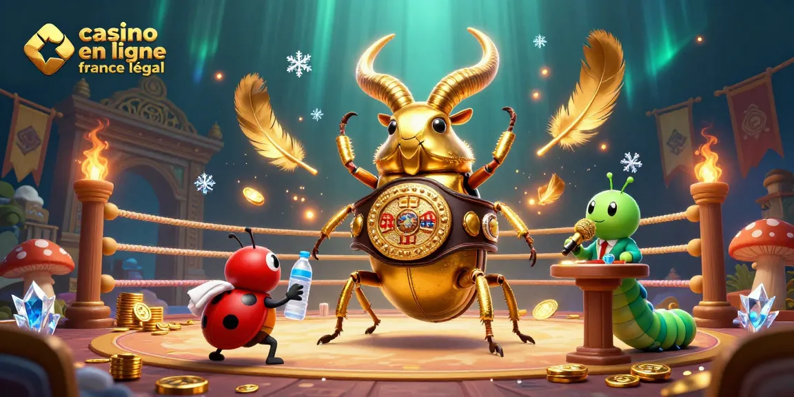 Illustration dynamique représentant un casino en ligne légal en France, montrant un scarabée géant dans un ring de combat avec des éléments de jeu d'argent.