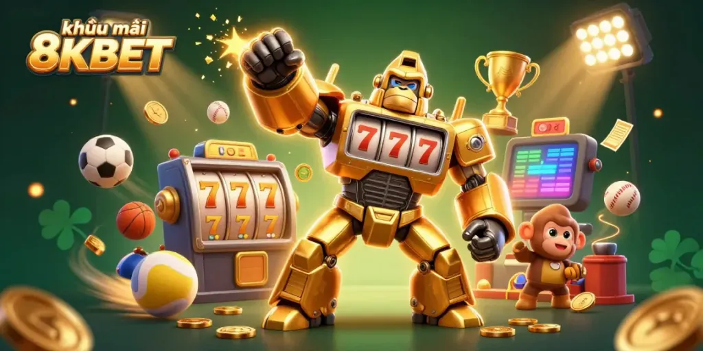 Experience thrilling khuyến mãi 8KBET with exciting slot machines and vibrant casino elements in a dynamic 3D scene.