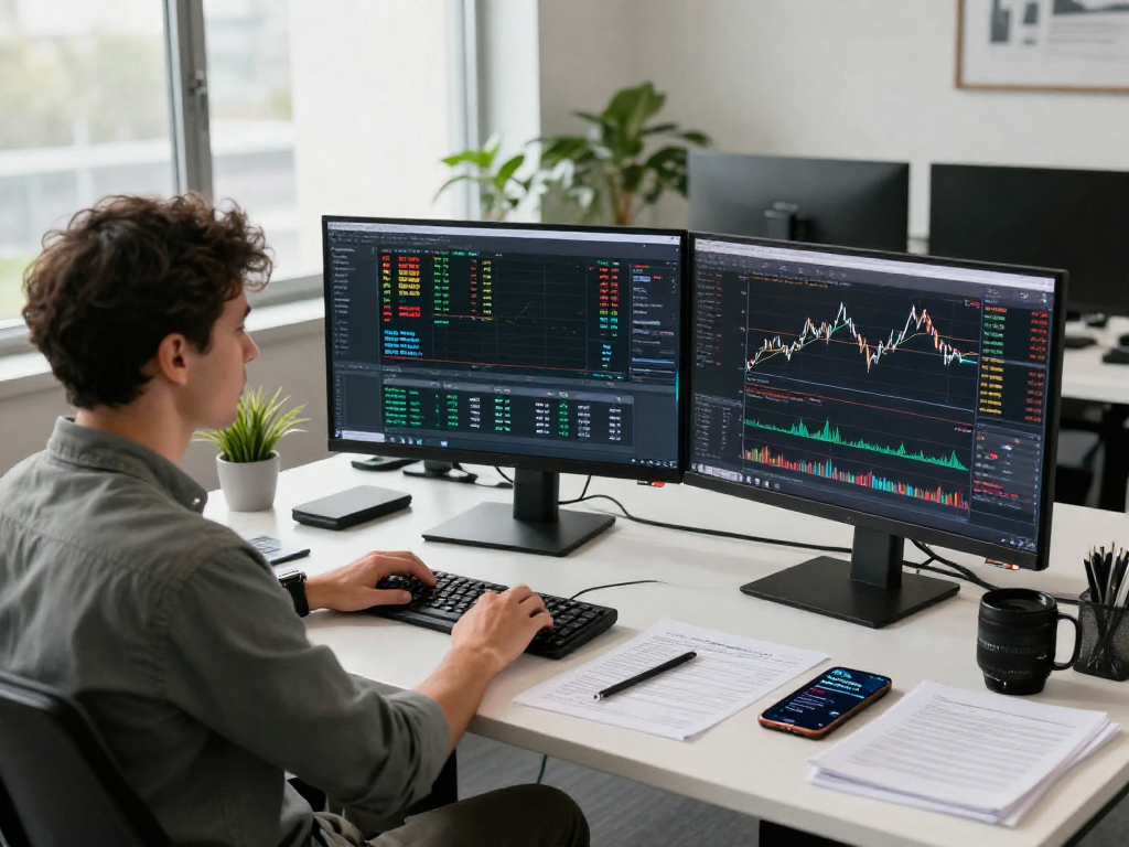 Trader using MetaTrader 5 on multiple screens in a modern office.