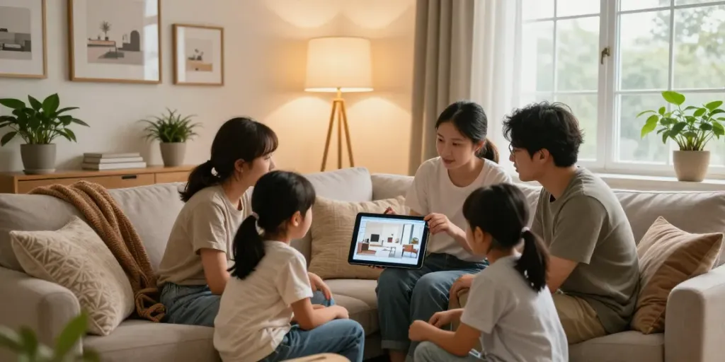Family discussing home improvement ideas in a cozy living room, inspired by Home The Spruce.