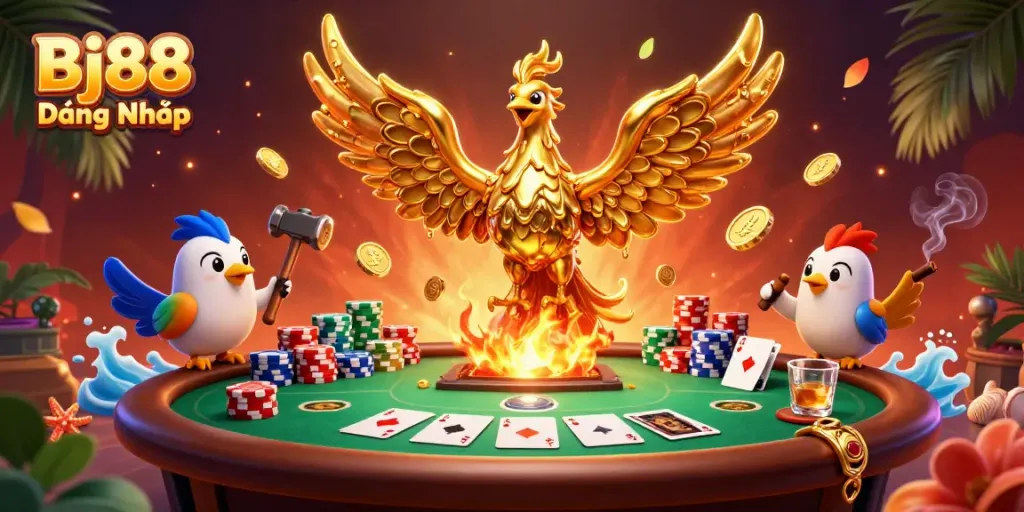 Bj88 Đăng Nhập unleashes a dynamic gaming experience with vibrant casino elements and gold-rich visuals.