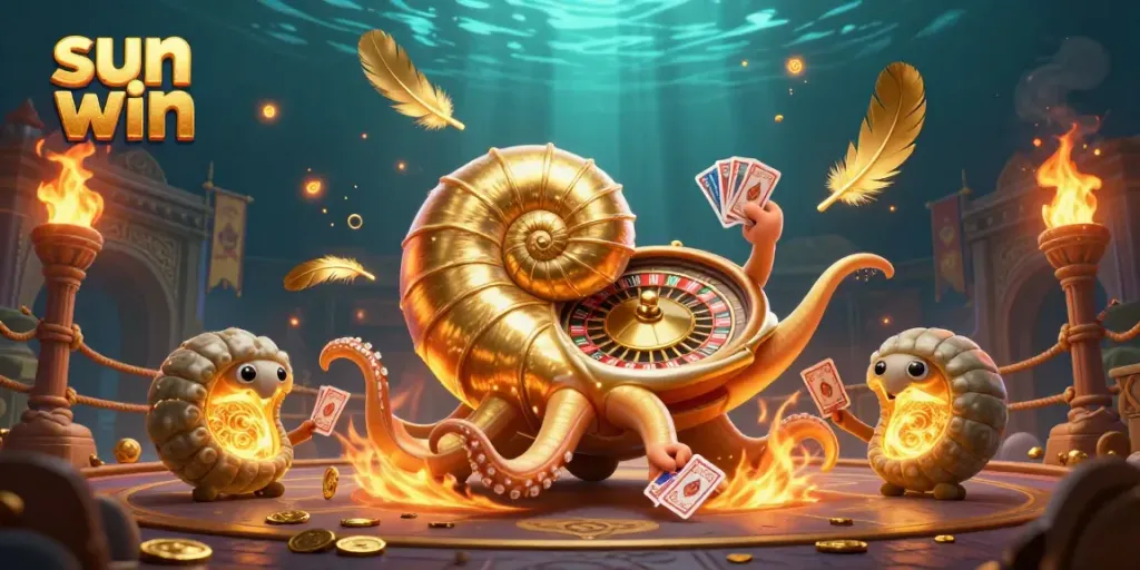Experience winning excitement at sun win with a vibrant casino scene featuring a nautilus roulette wheel.