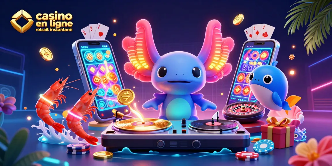 Profitez d'un spectacle vibrant d'un axolotl DJ et de crevettes dansant, illustrant un casino en ligne retrait instantané.