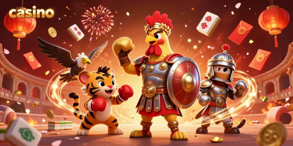 Engaging casino scene with a gladiator rooster and companions amidst colorful gaming elements.