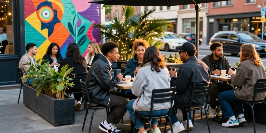 A fashionable group of young adults socializing at an outdoor café, embodying the lively spirit of rokok88 culture in a vibrant urban setting.