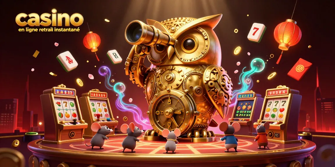 Jouez au casino en ligne retrait instantané avec une illustration d'un hibou doré et des machines à sous animées.