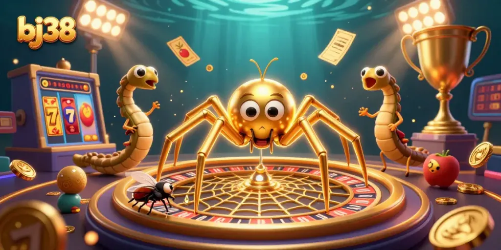 Engage with the vibrant bj38 casino scene where a spider spins a roulette web filled with rich gambling symbols.