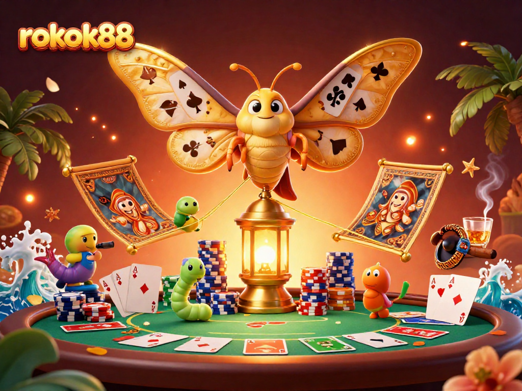 Experience the excitement of rokok88 with a vibrant casino scene featuring a majestic moth and dynamic game elements.
