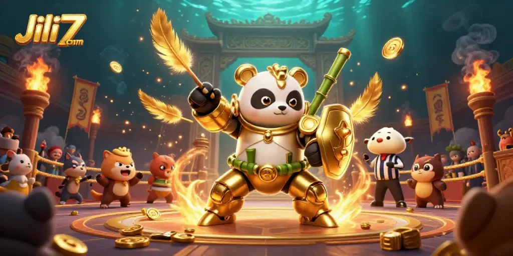 Experience the thrill with Jili7 com as a golden panda battles in a vibrant casino arena.