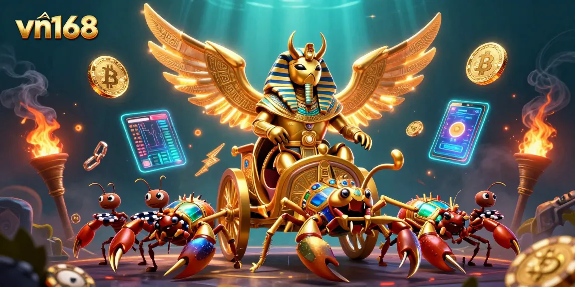 Engage in thrilling gameplay at vn168 with vivid scenes of gambling excitement, featuring 3D characters and crypto visuals.