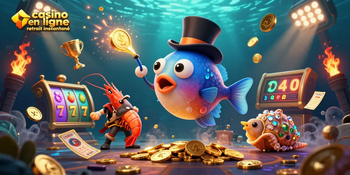 Jouez dans le casino en ligne retrait instantané avec cette illustration colorée incluant des poissons et des jetons dorés.
