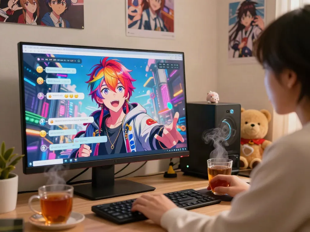 Hentai AI chat character interacting warmly with a user, showcasing vibrant anime culture and technology.