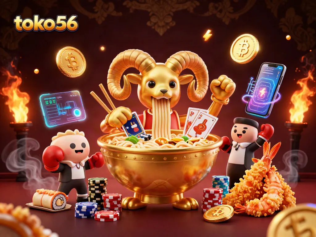 Mainkan judi dengan Toko56 dalam ilustrasi kasino 3D yang megah dan penuh warna.