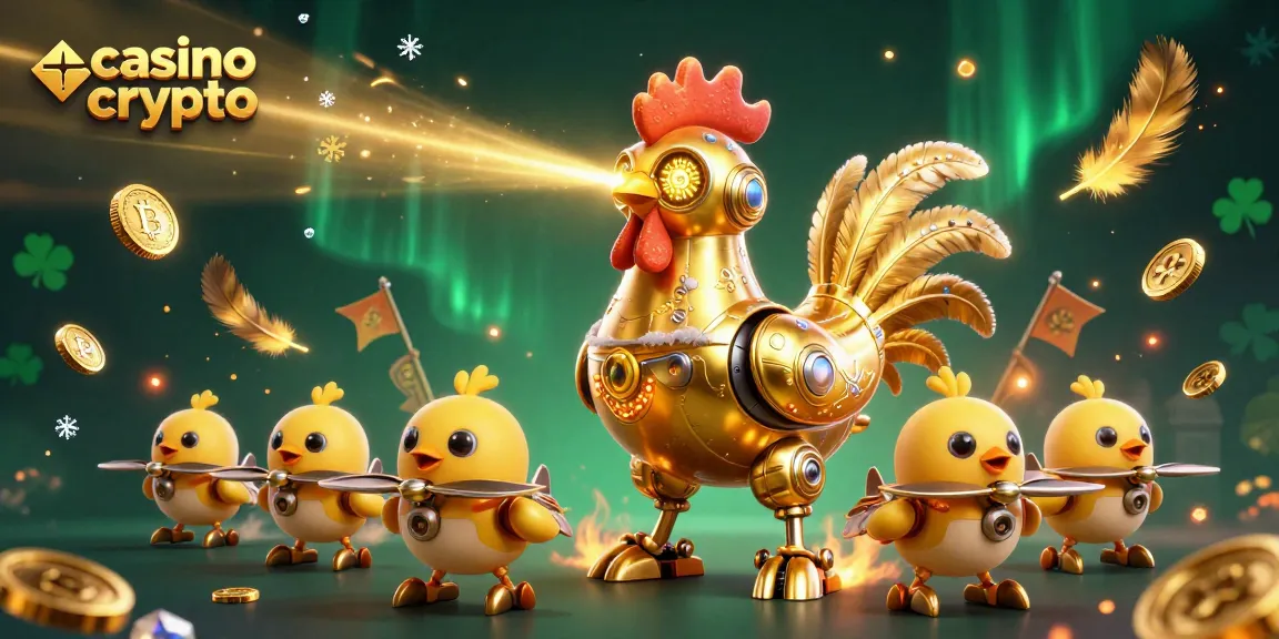 Jouer au casino crypto avec un robot en or et des drones, entouré de pièces et de jetons de jeu.