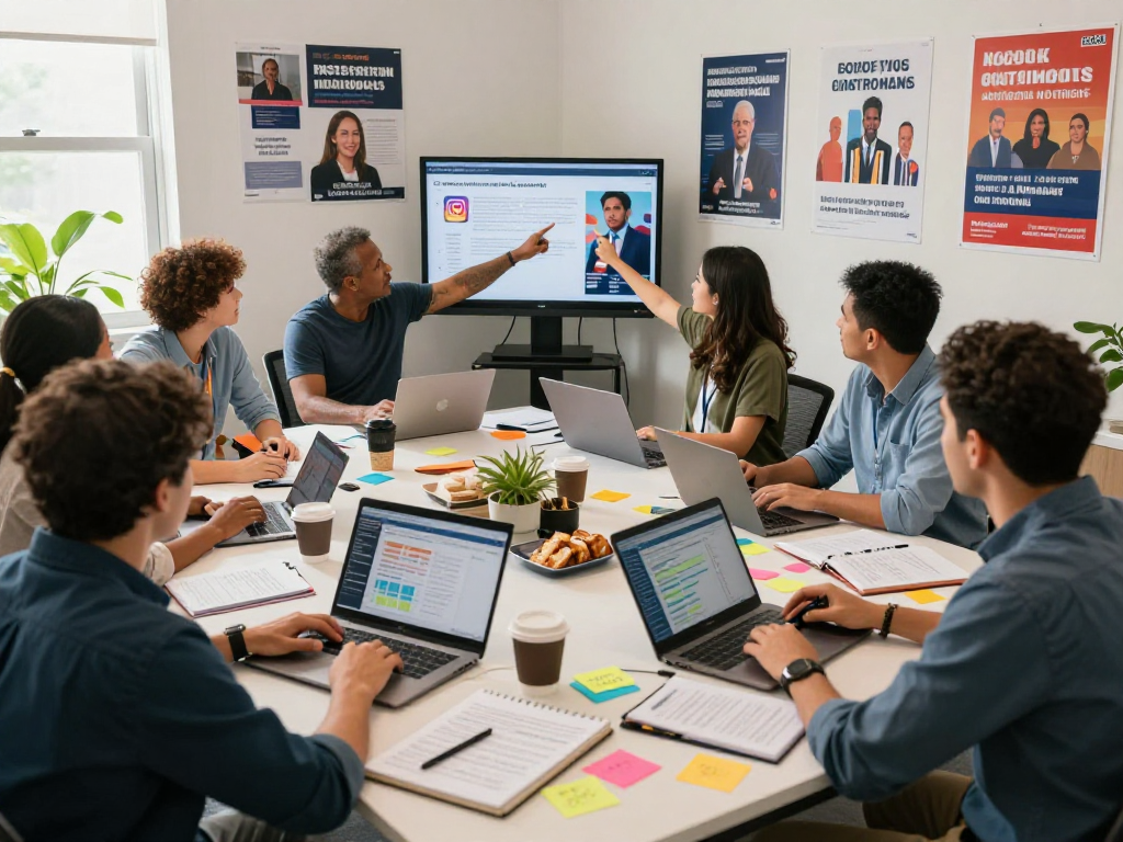 Team analyzing data and creating effective instagram ads for campaigns in a vibrant campaign office.