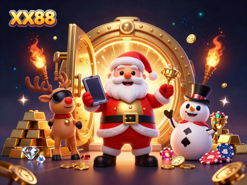 Experience thrilling jackpot wins at XX88 with a festive casino scene featuring Santa and friends.