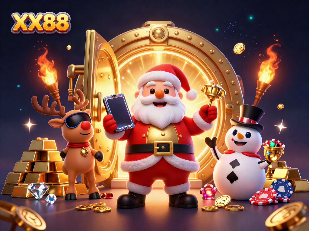 Experience thrilling jackpot wins at XX88 with a festive casino scene featuring Santa and friends.