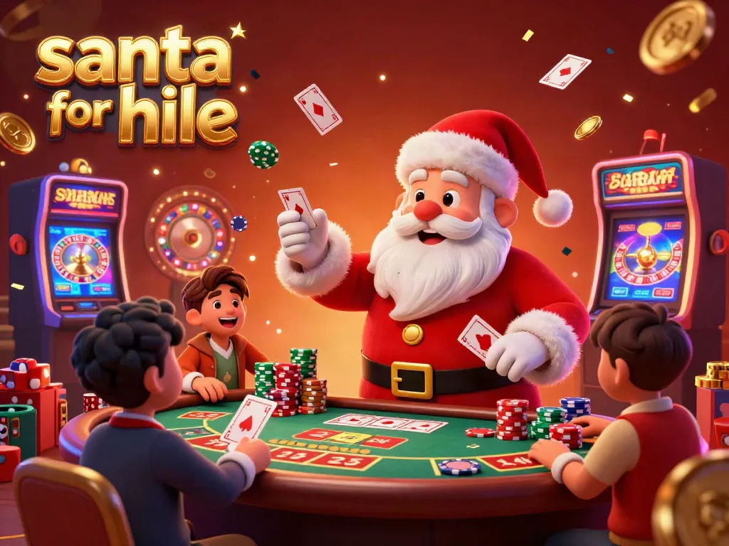 Win big with Santa for hire at the casino, celebrating with joyful gamers and festive decorations.